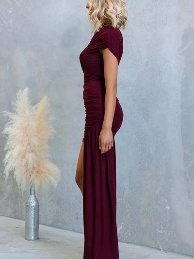 Wine Asymmetric Ruched Mini Dress