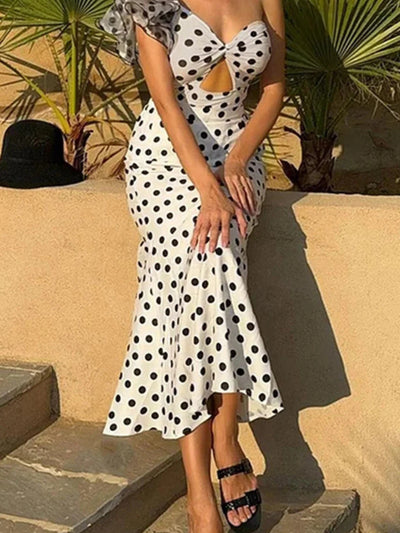 Polka Dot Ruffle One Shoulder Cutout Bodysuit & Skirt Swimsuit Set