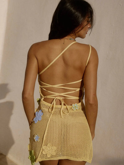 Namma One Shoulder Applique Crochet Mini Dress