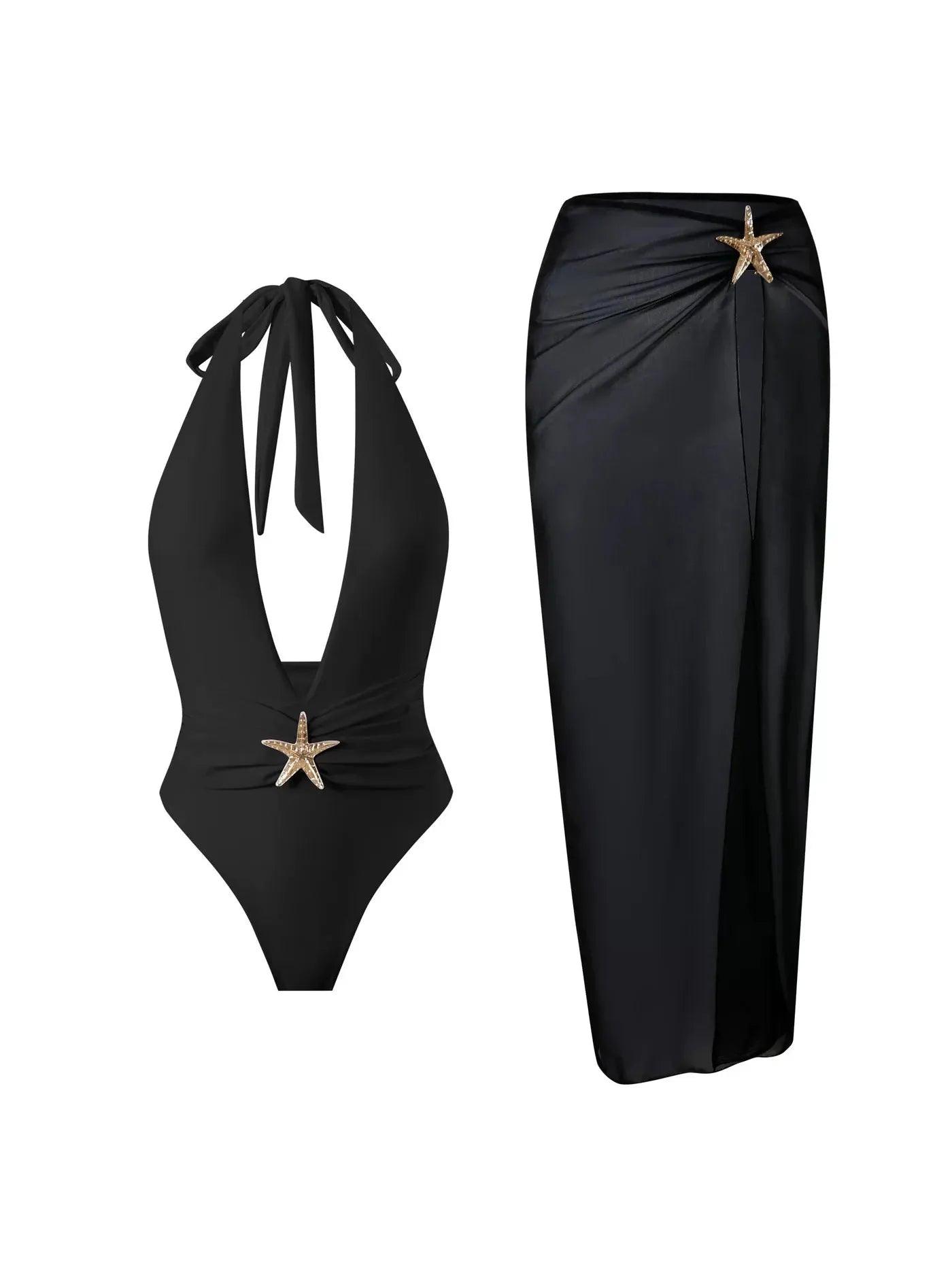 Black halter-neck bikini top with starfish charm; black sarong wrap skirt with starfish detail.
