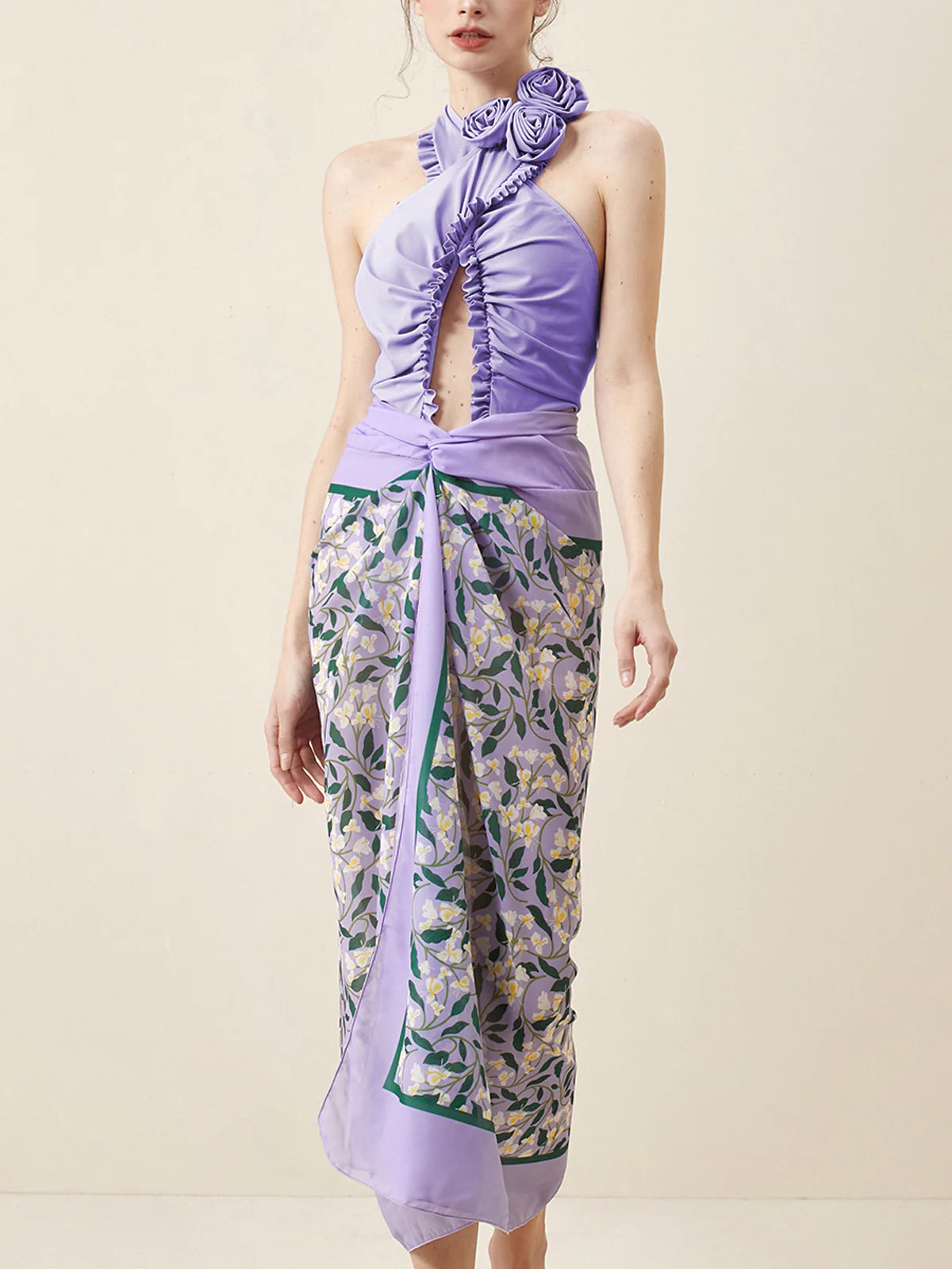 Floral Print Halterneck Cutout Bikini Swimsuit Set with Skirt