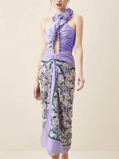 Floral Print Halterneck Cutout Bikini Swimsuit Set with Skirt