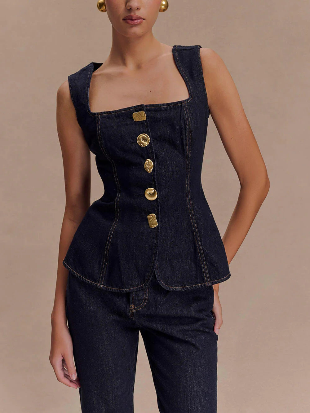 Sleeveless Button Down Applique Denim Vest Top
