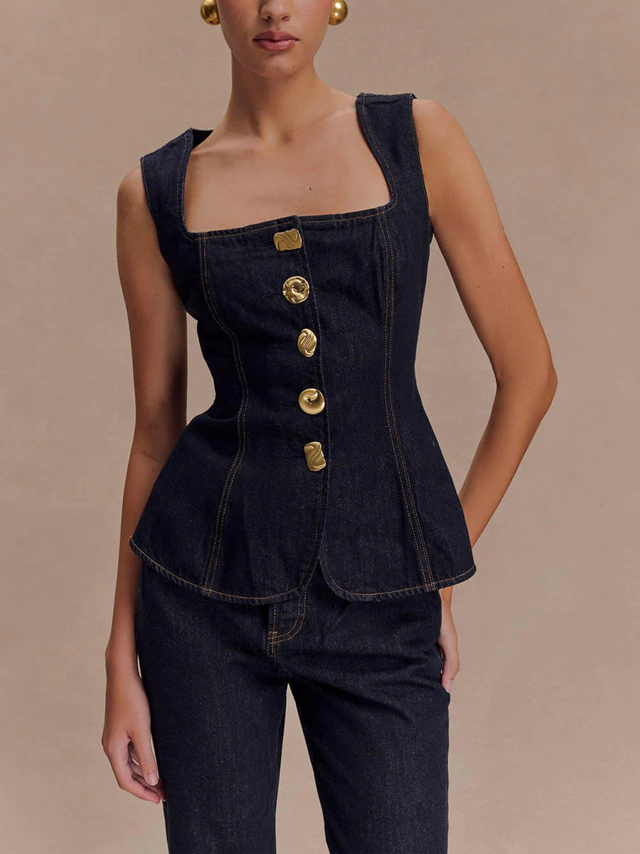 Sleeveless Button Down Applique Denim Vest Top