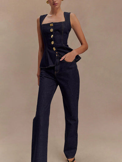 Sleeveless Button Down Applique Denim Vest Top