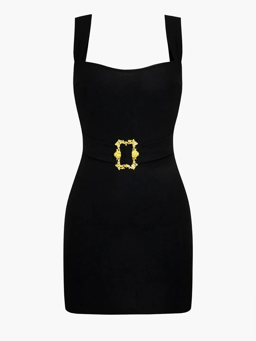 Solid Metallic Buckle Belted Mini Dress