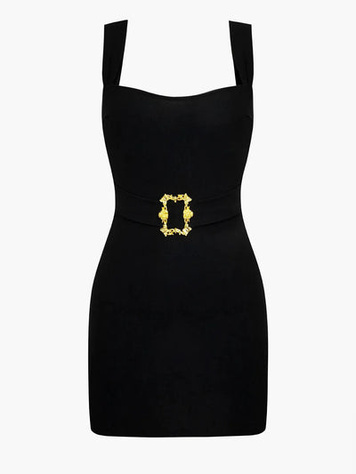 Solid Metallic Buckle Belted Mini Dress