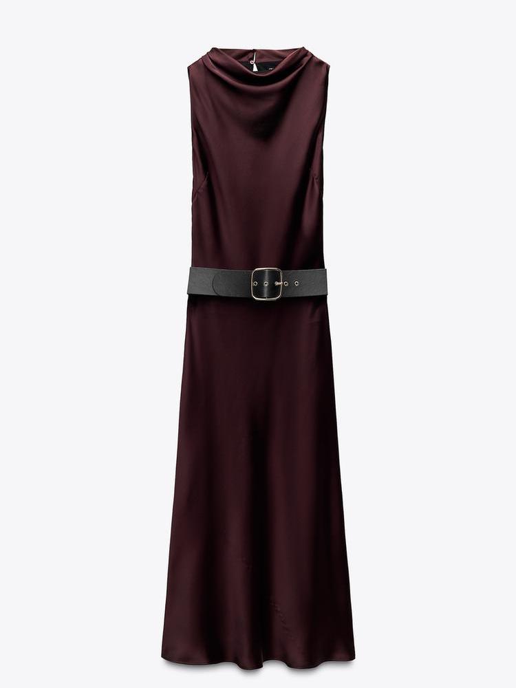 Brown Satin Midi Dress with Belt