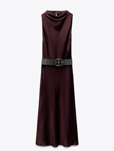 Brown Satin Midi Dress with Belt