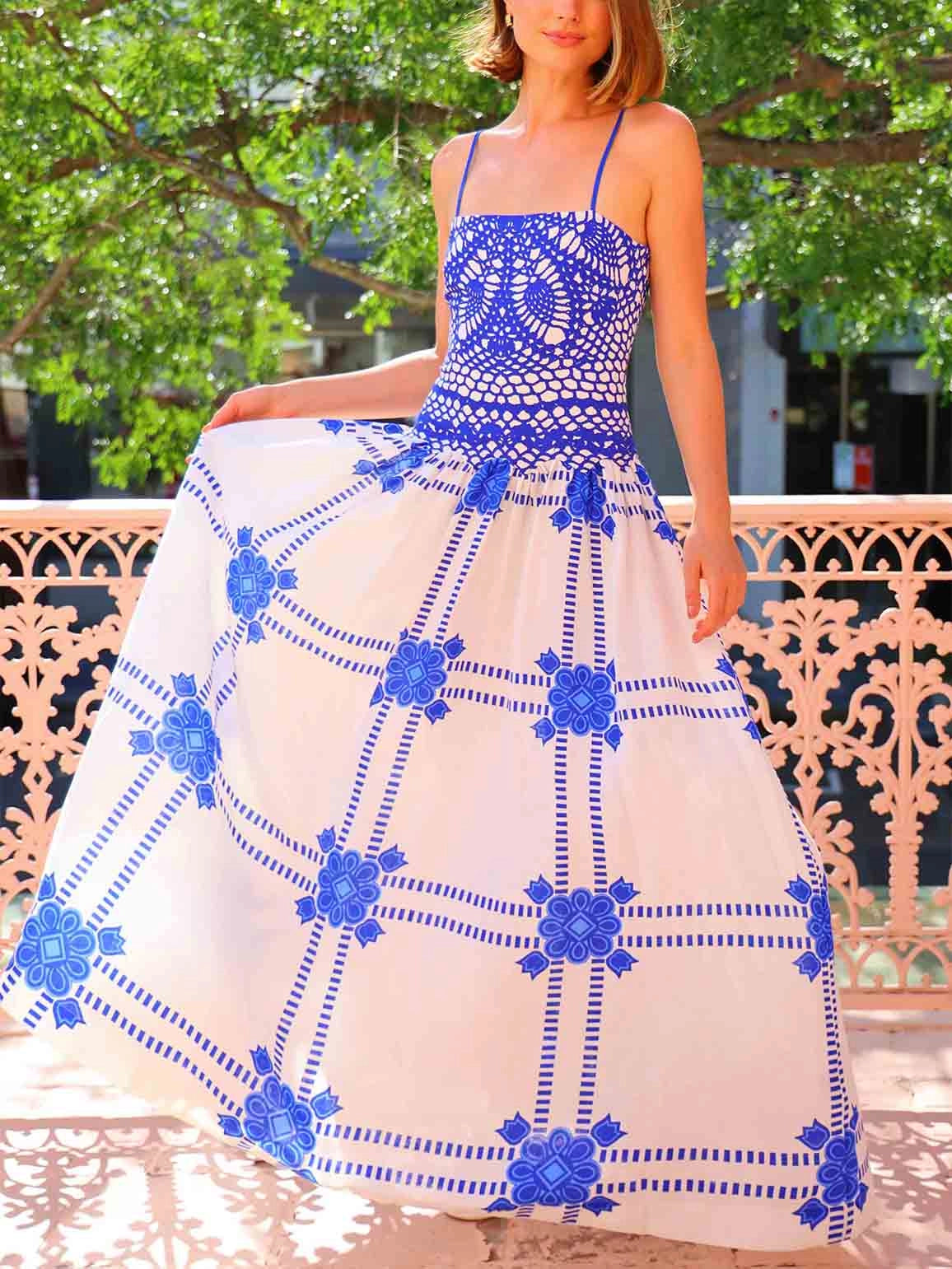 Boho Crochet Floral Print Maxi Dress