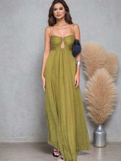 Juliana Deep Neck Applique Spaghetti Strap Maxi Dress