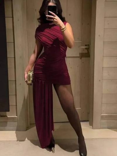 Wine Asymmetric Ruched Mini Dress