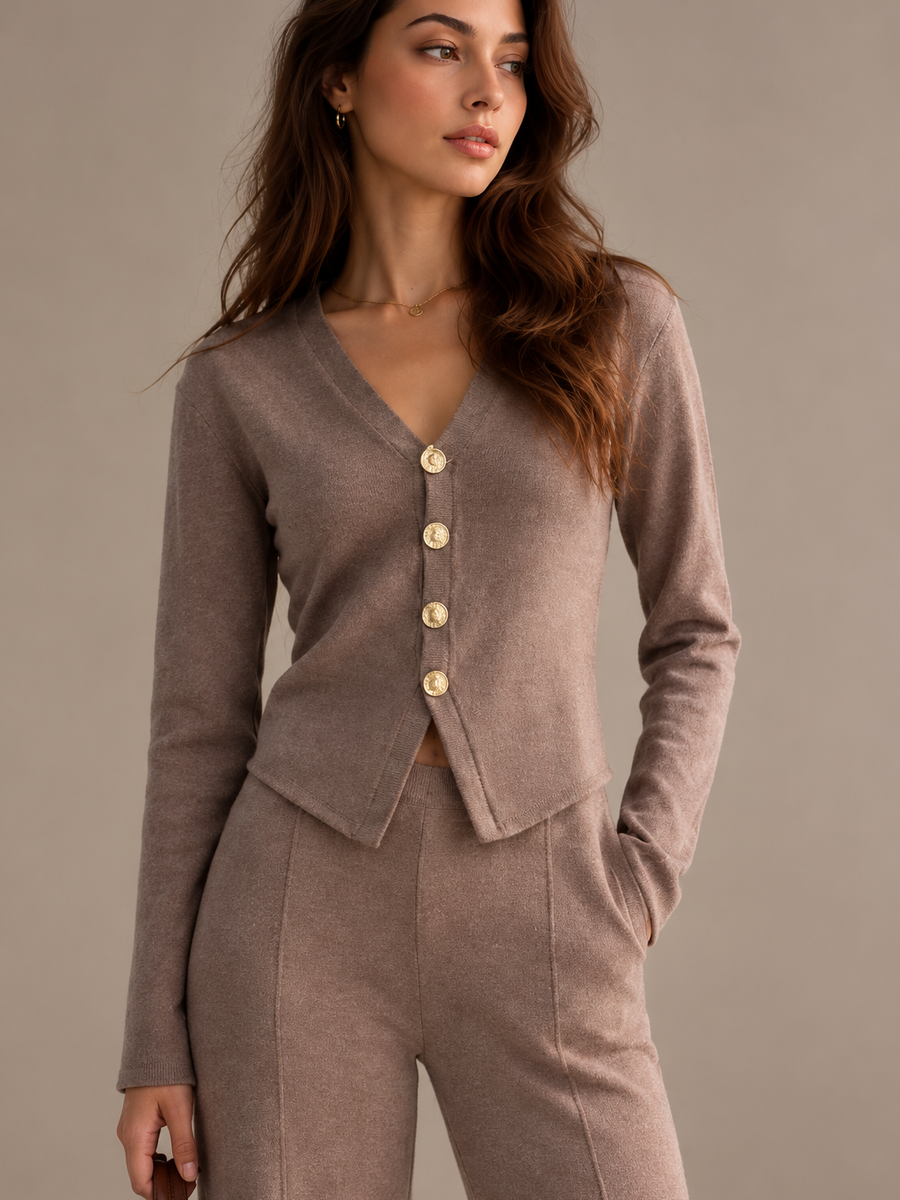 Soft Knit Button-Down Coord Set by Exclusives in taupe, cropped cardigan with gold buttons and matching pants.