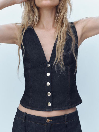 V Neck Denim Vest Crop Top