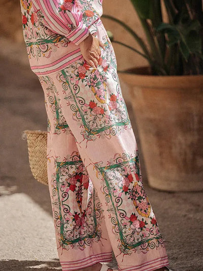 Floral Print Long Sleeve Shirt ＆ Wide Leg Pants Coord Set