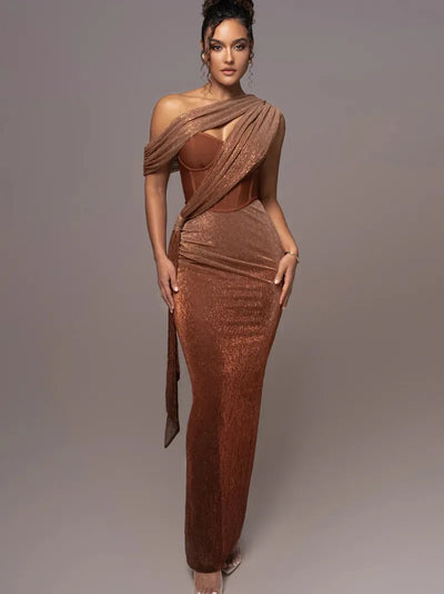 Drape Shimmery Corset Dress in bronze metallic fabric with off-shoulder draped overlay, floor-length.