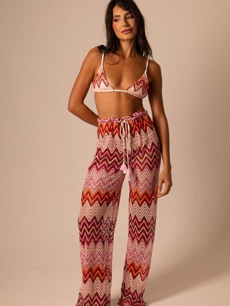 Cabo Chevron Mesh Bikini Set by Exclusives; 2-piece classic bikini with pink-orange chevron top and mesh pants.