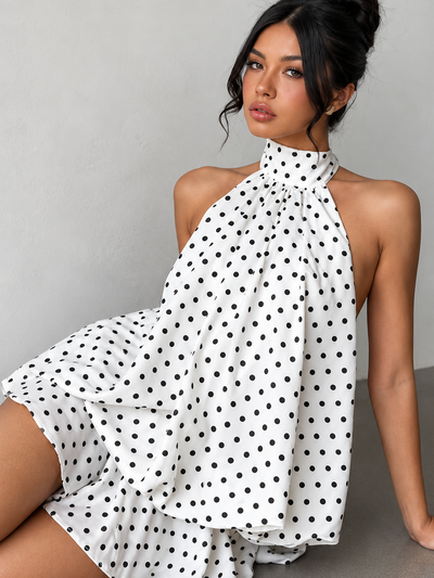 Vintage Charm Backless Polka Dress, white halter neck with black polka dots and layered drape