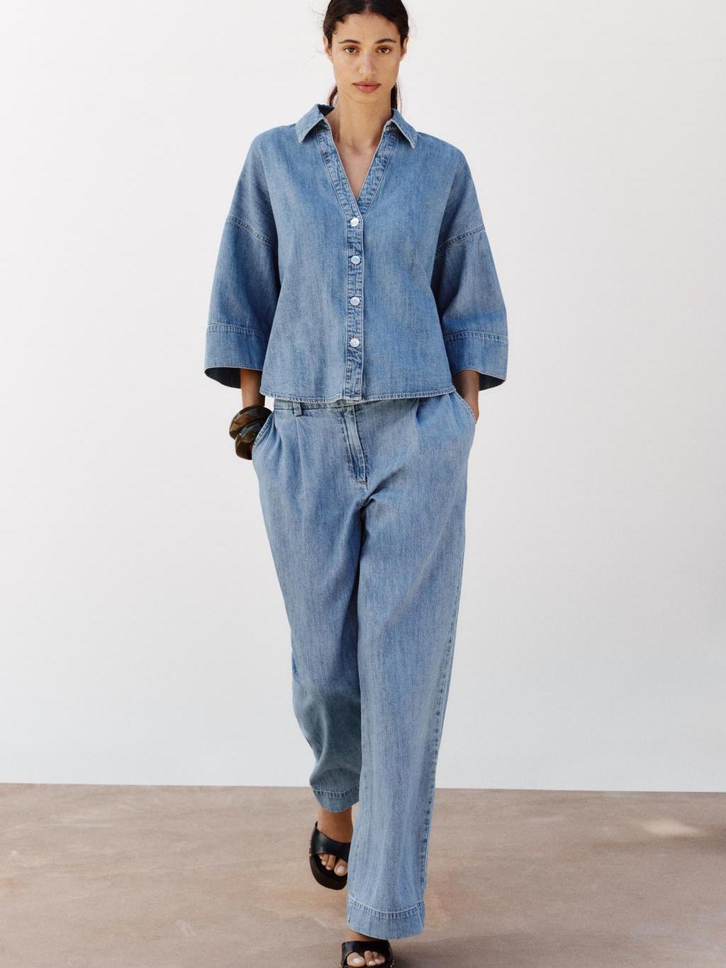 Wide Leg Denim Pants & Casual Shirt Coord Set
