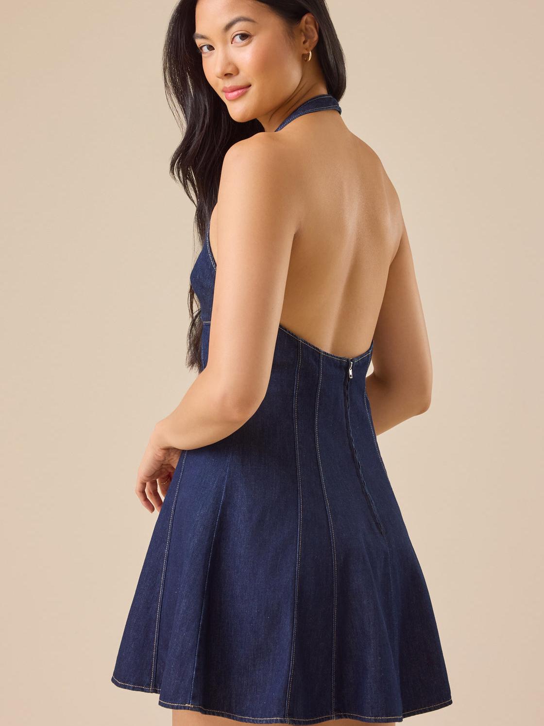 Denim Halterneck Backless Short Dress