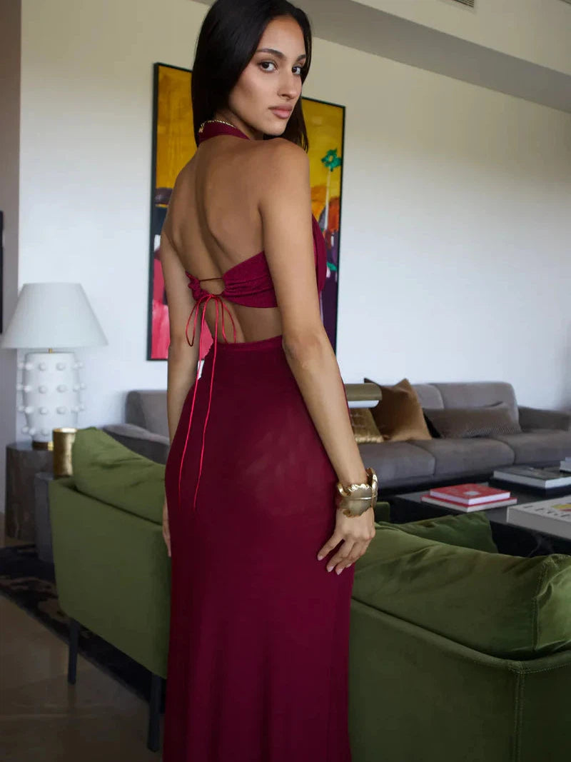 Halterneck Backless Tie-up Maxi Dress
