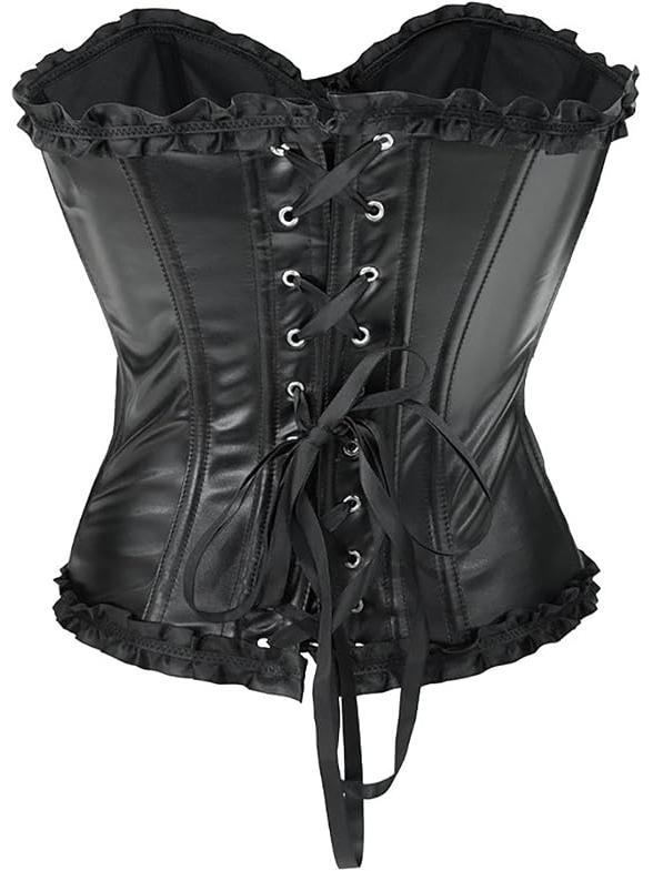 Noir Envy Leather Corset Top by EXCLUSIVES, black faux leather with lace-up front and ruffled trim