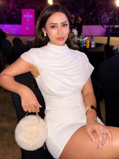 Asymmetric Drape Shoulder Bodycon Mini Dress by Exclusives, white dress on sale