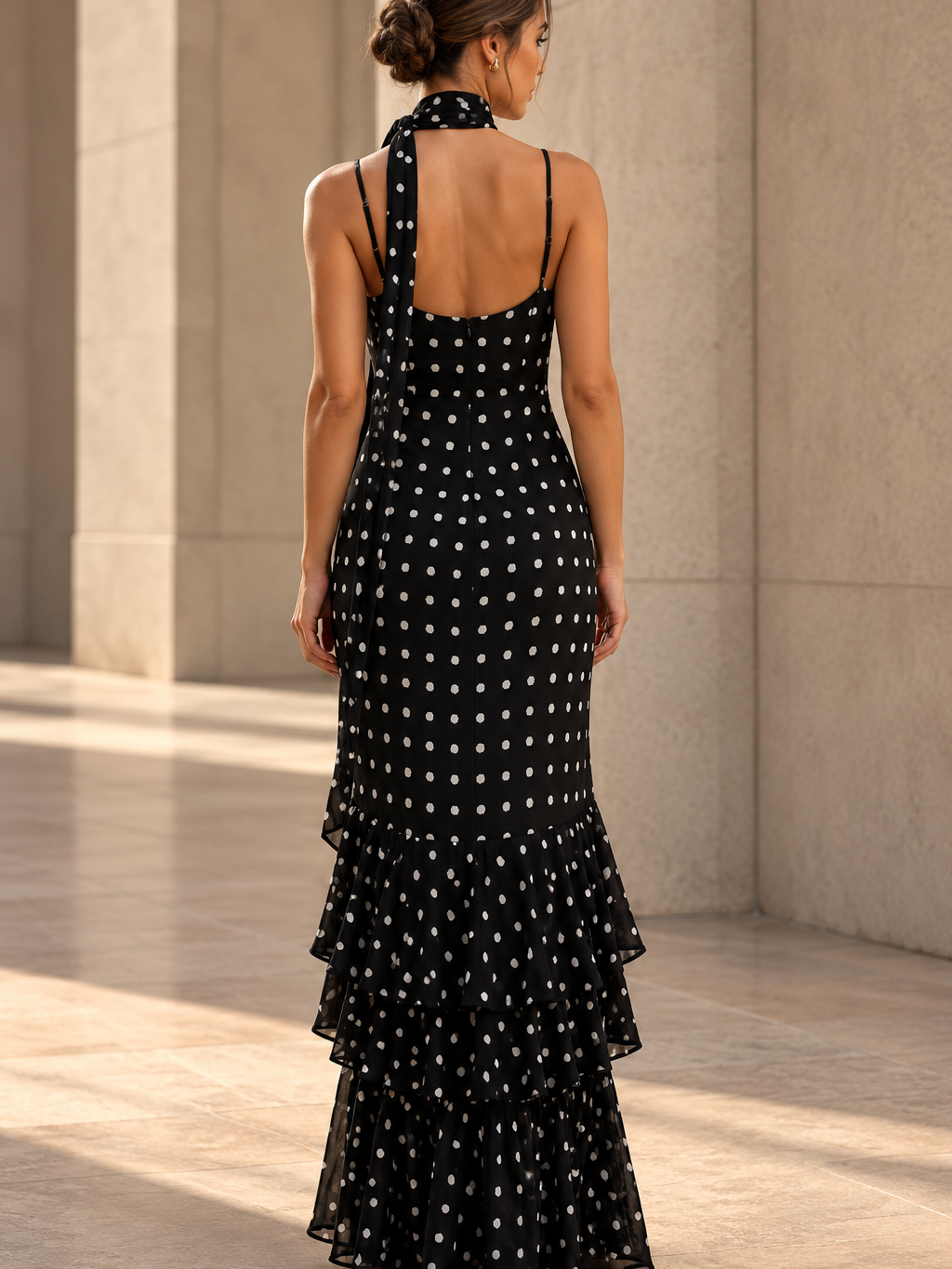 Polka-Dot Scarf Detail Maxi Dress, black with white polka dots, back scarf tie and layered ruffle hem.