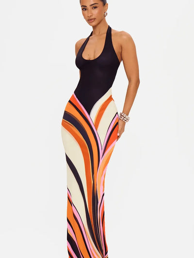 Sunset Wave Maxi Dress by Exclusives; black halter bodice with vibrant multicolor wave skirt, on sale