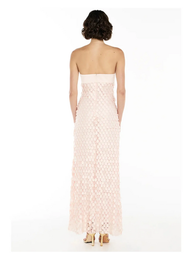 Back view of pale pink mermaid sequin strapless maxi dress with a cream band at the top, floor-length disk sequins.