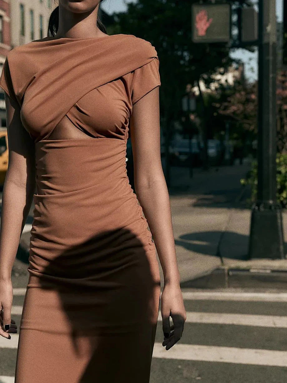 Boat Neck Backless Ruched Cutout Slit Maxi Dress