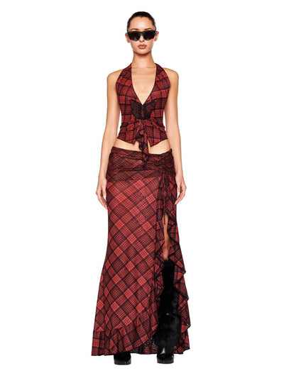 Diana Plaid Print Vest Top & Wrap Slit Skirt Coord Set