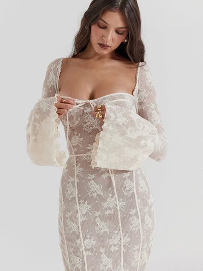 Sweetheart  Neck Bell Sleeves Lace Maxi Dress