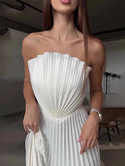 High Slit Tube Shell Pleated Backless Gown Maxi Dress