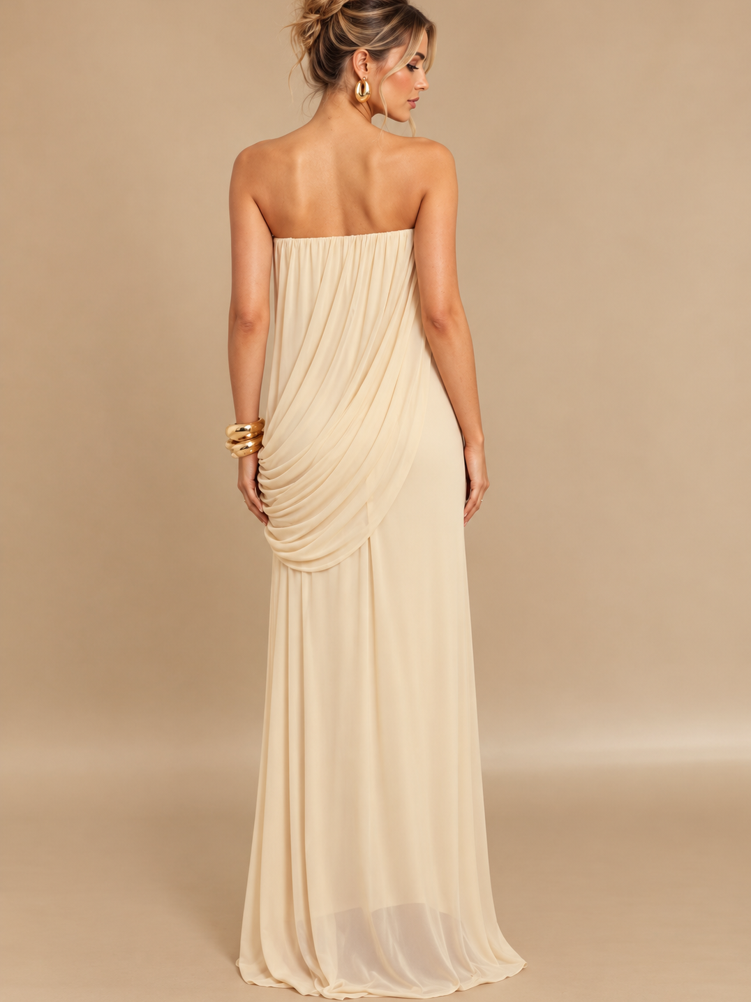 Ivory strapless draped maxi dress by Exclusives, back-draped silhouette