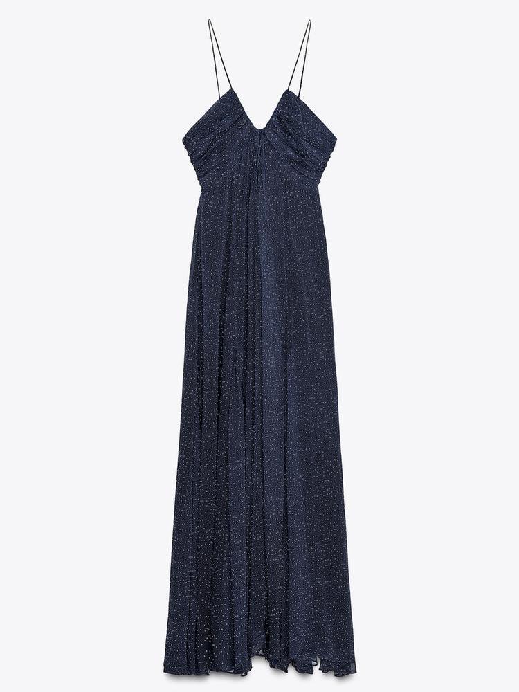 Blue Dot Asymmetric V Neck Maxi Dress
