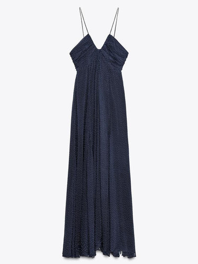 Blue Dot Asymmetric V Neck Maxi Dress