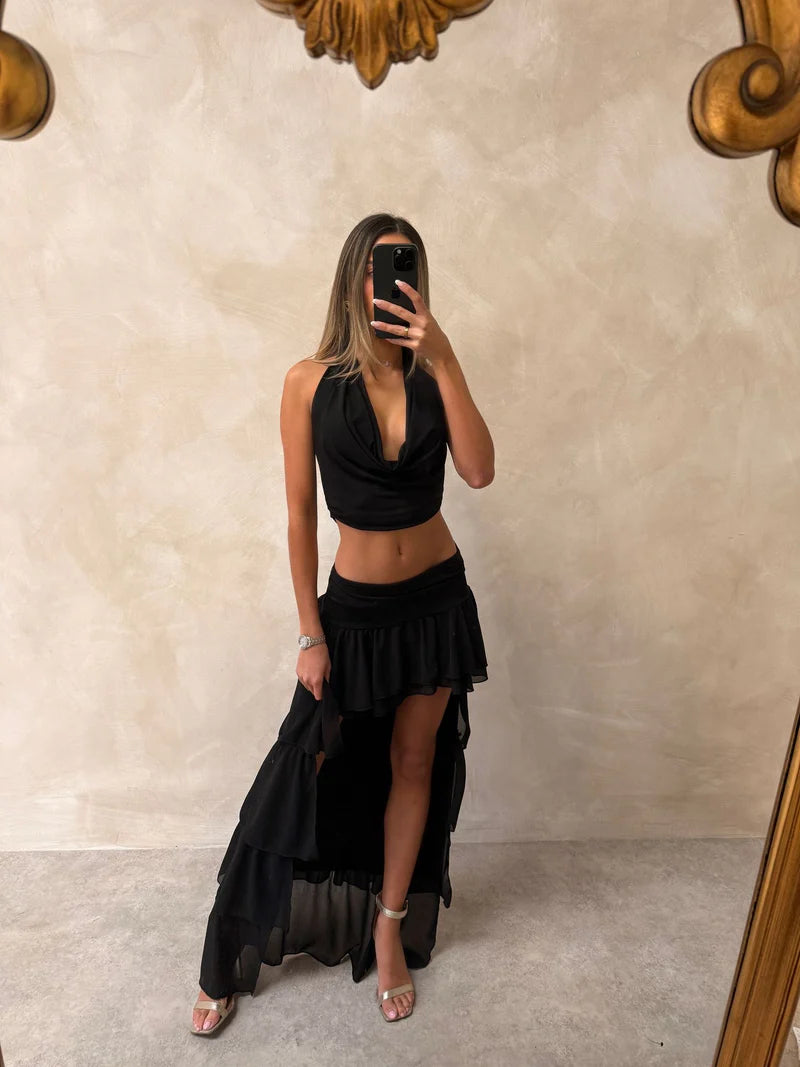 Cowl Neck Ruffle Mesh Asymmetric Skirt Coord Set Set