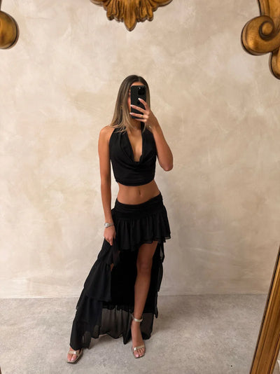 Cowl Neck Ruffle Mesh Asymmetric Skirt Coord Set Set