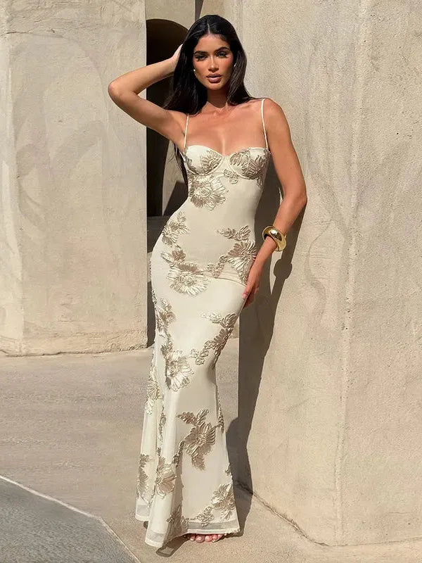 Spaghetti Strap Mesh 3D Applique Plate Floral Sheath Dress