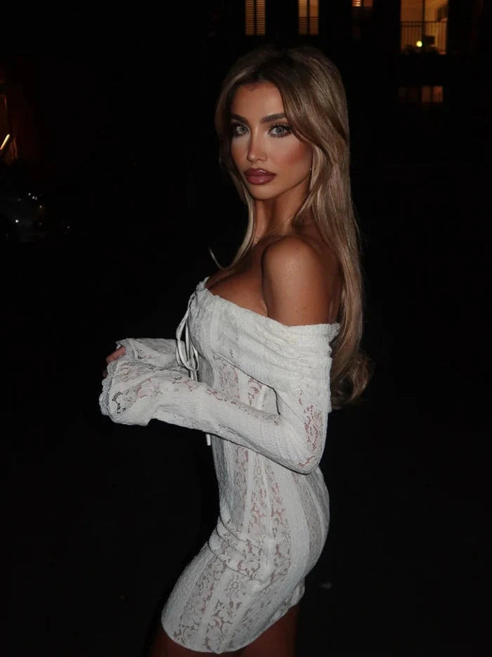 Off Shoulder Bell Sleeves Floral Lace Short Dress