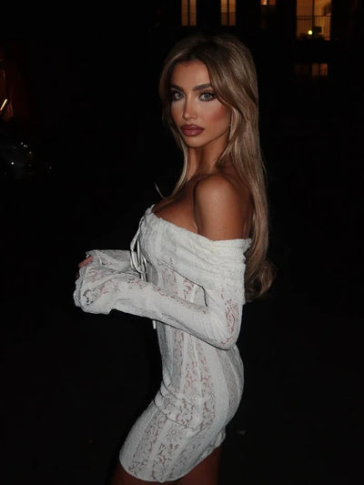 Off Shoulder Bell Sleeves Floral Lace Short Dress