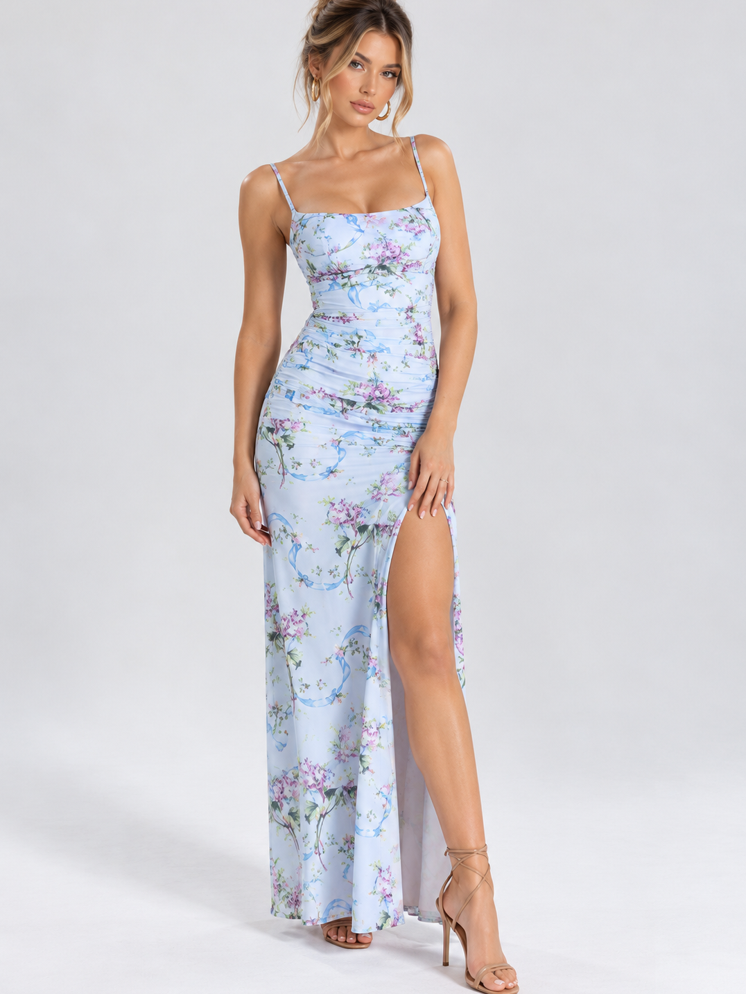 Sky blue floral ruched split maxi dress by Exclusives, on sale, spaghetti straps, high slit.