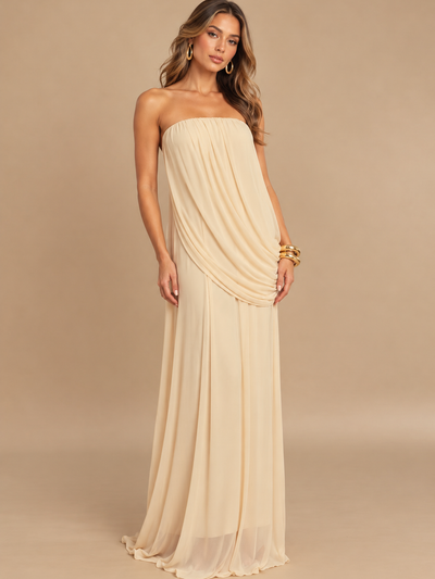 Ivory strapless drape maxi dress on model; flowy fabric, on sale
