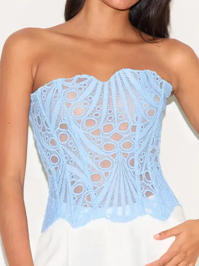 Exclusives Valencia mesh lace tie-back tube top, light blue crochet tank