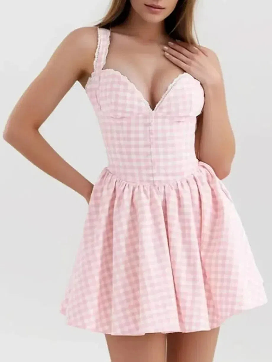 Sweetheart Neck Corset Gingham Print Short Dress
