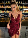 Spaghetti Strap Deep V Neck Ruched Sequins Short Dress