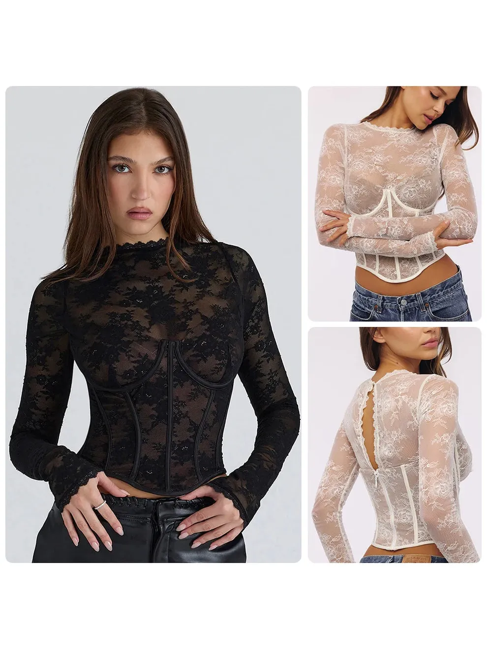 Amour Lace Corset Top by EXCLUSIVES, black and ivory lace, collage of 3 views.