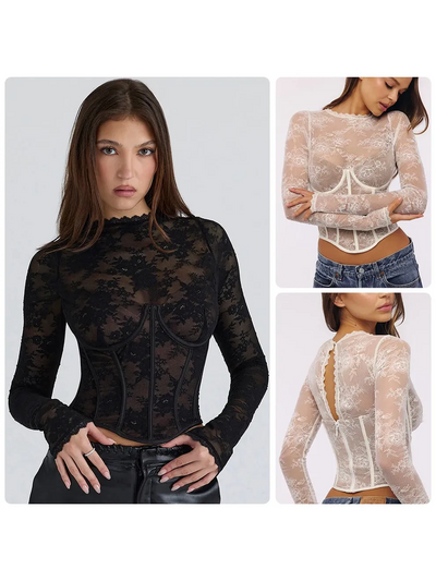 Amour Lace Corset Top by EXCLUSIVES, black and ivory lace, collage of 3 views.