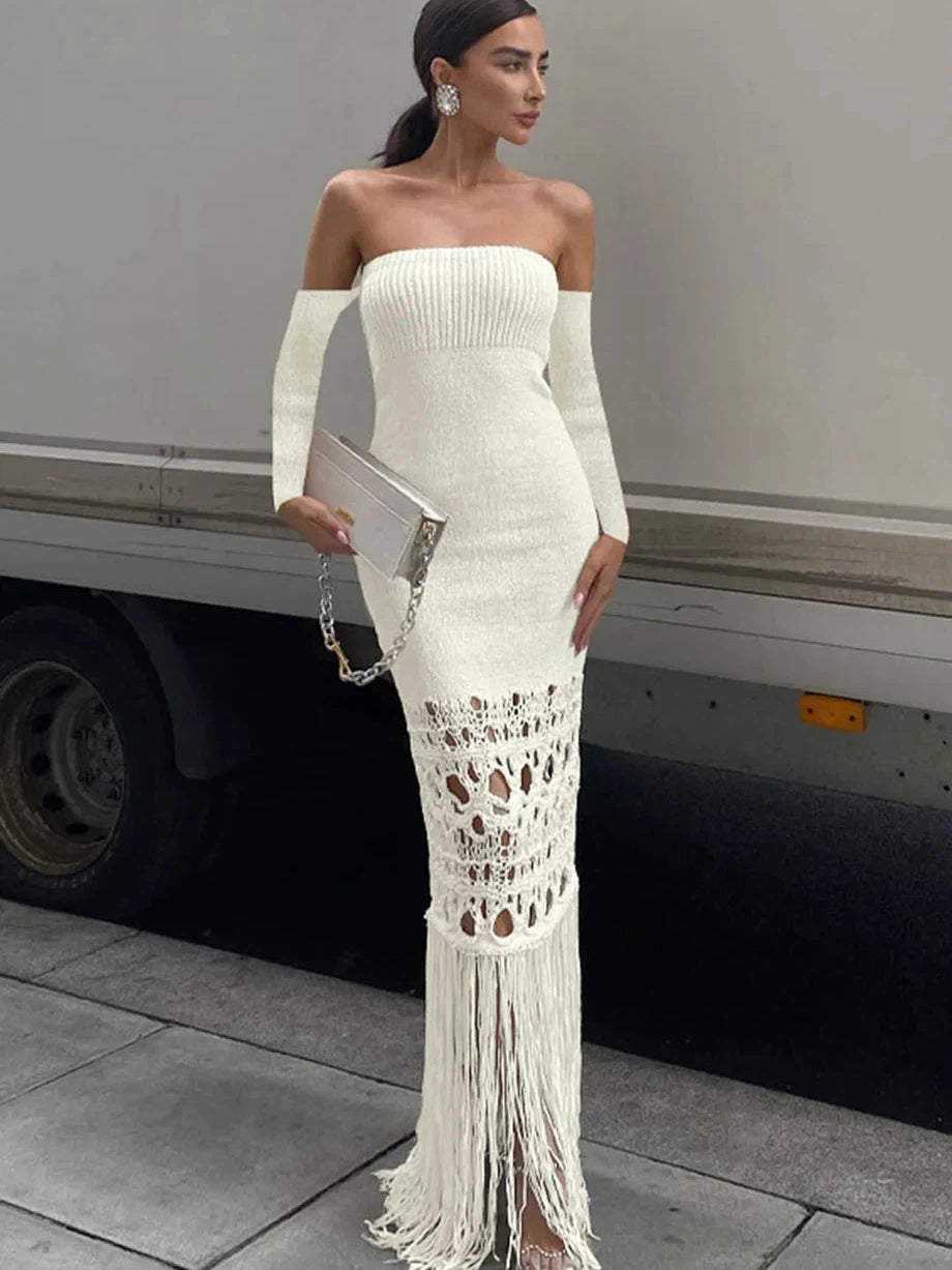 fitted lace wedding dress Tassel Knitted Off Shoulder Cutout Bodycon Dress
